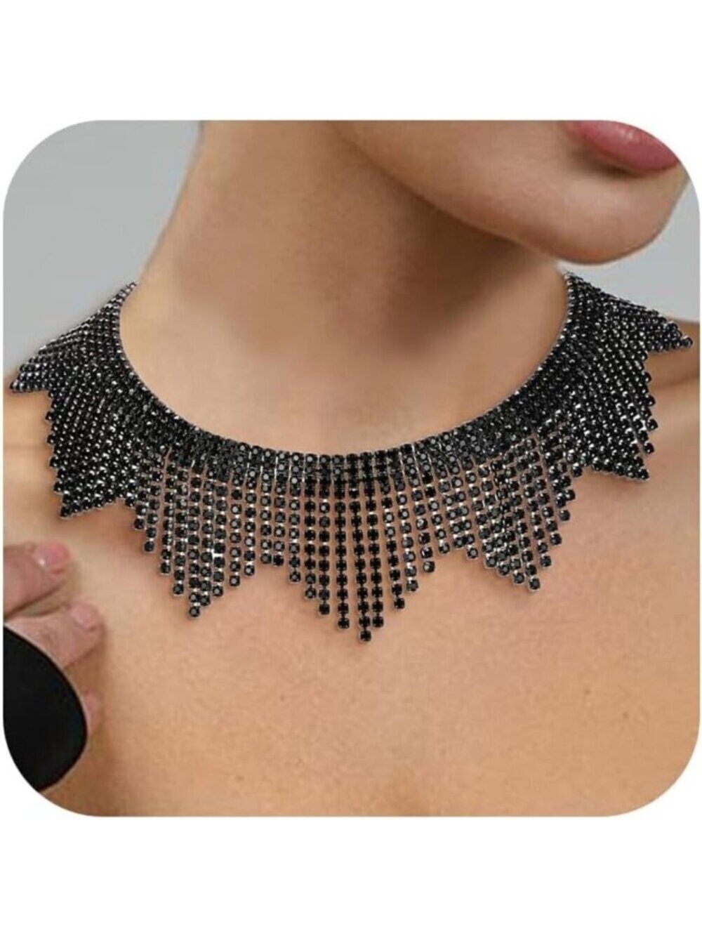 🆕 Women Black Sparkly Choker Necklace Rhinestone Crystal Tassel Chain Jewelry